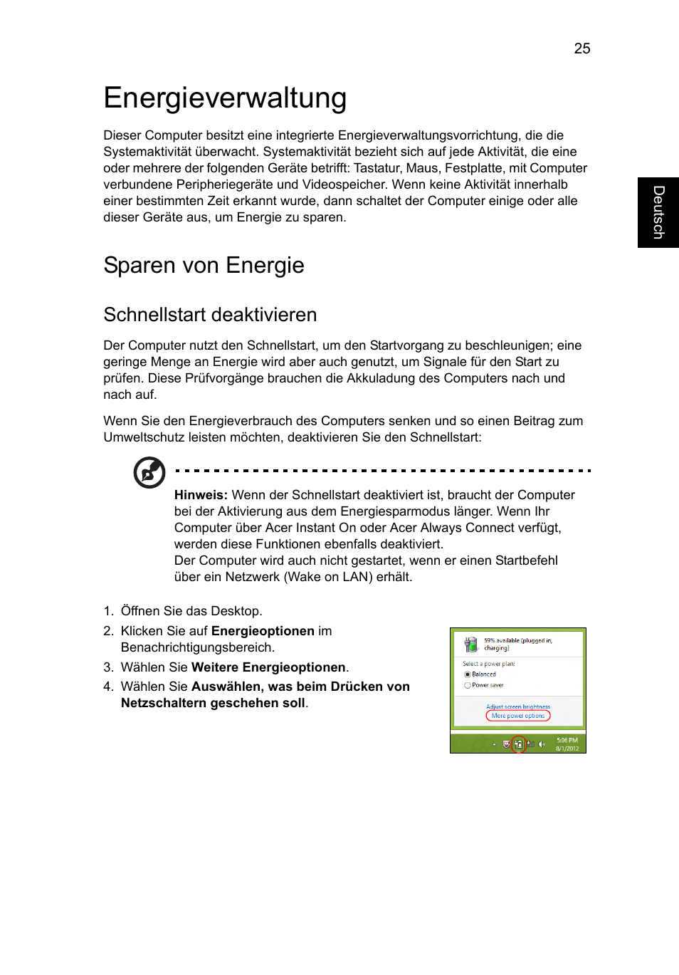 Energieverwaltung, Sparen von energie, Schnellstart deaktivieren | Acer Aspire V5-131 User Manual | Page 195 / 2228