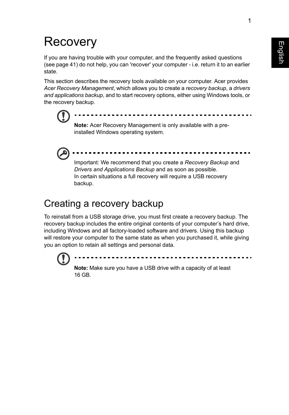 Recovery, Creating a recovery backup | Acer Aspire V5-131 User Manual | Page 20 / 2228