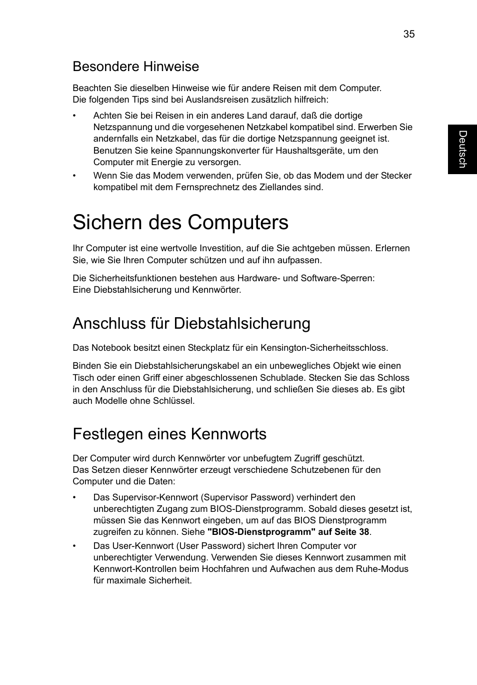 Sichern des computers, Anschluss für diebstahlsicherung, Festlegen eines kennworts | Besondere hinweise | Acer Aspire V5-131 User Manual | Page 205 / 2228