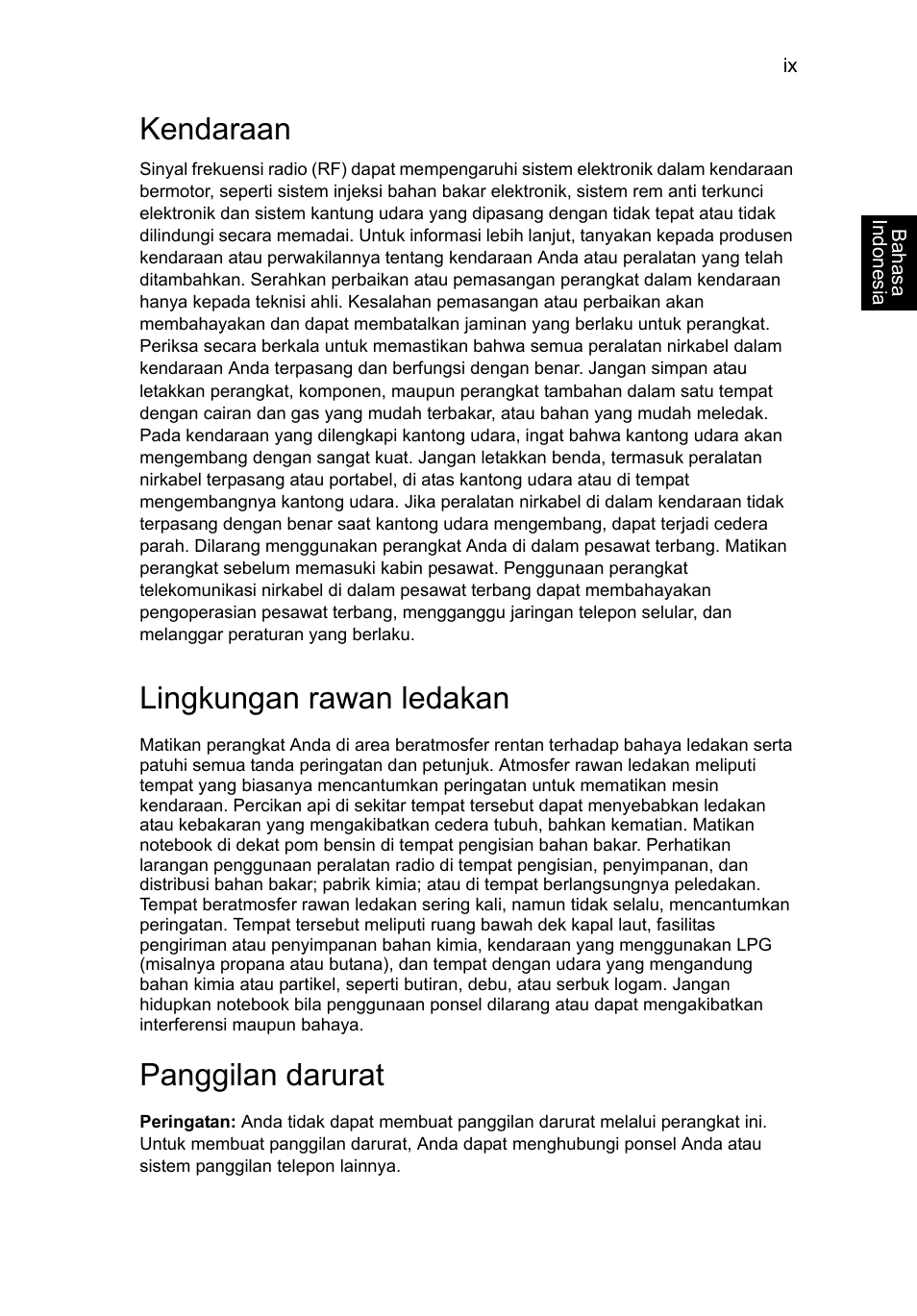 Kendaraan, Lingkungan rawan ledakan, Panggilan darurat | Acer Aspire V5-131 User Manual | Page 2091 / 2228