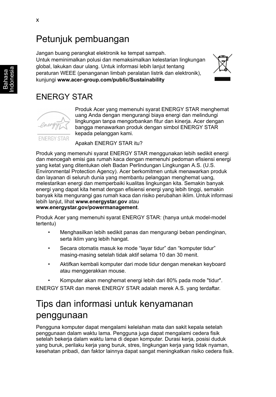 Petunjuk pembuangan, Tips dan informasi untuk kenyamanan penggunaan, Energy star | Acer Aspire V5-131 User Manual | Page 2092 / 2228