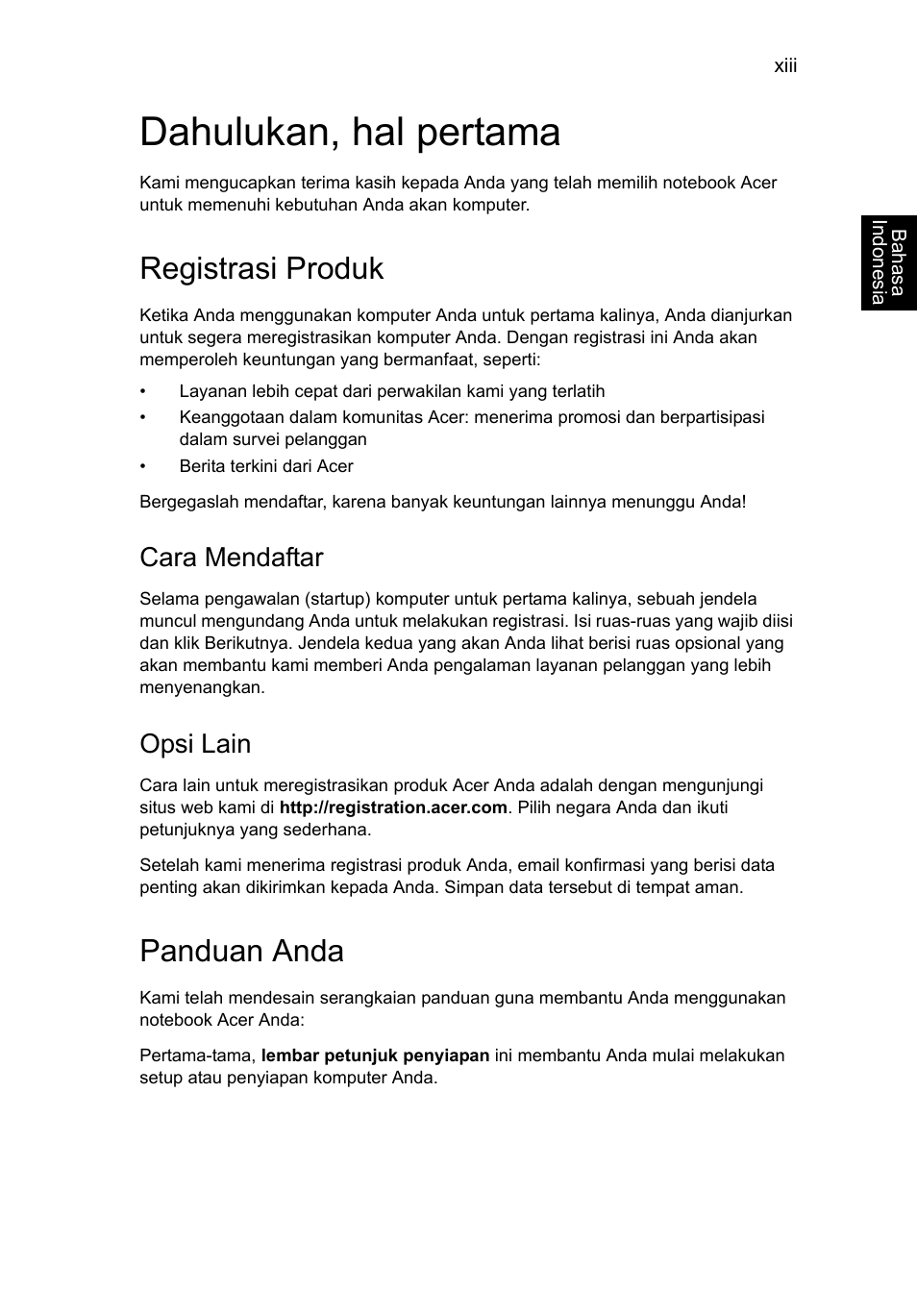 Dahulukan, hal pertama, Registrasi produk, Panduan anda | Cara mendaftar, Opsi lain | Acer Aspire V5-131 User Manual | Page 2095 / 2228