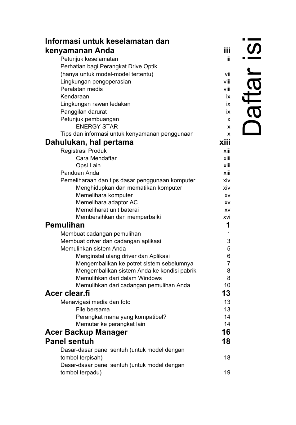 Daf tar isi, Dahulukan, hal pertama xiii, Pemulihan 1 | Acer clear.fi 13, Acer backup manager 16 panel sentuh 18 | Acer Aspire V5-131 User Manual | Page 2099 / 2228