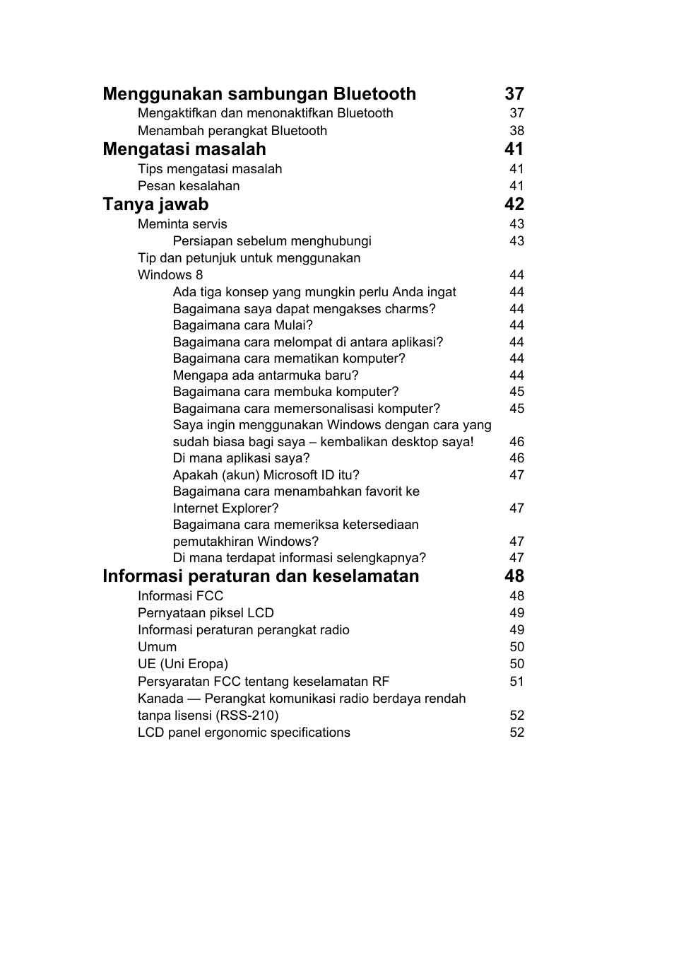 Menggunakan sambungan bluetooth 37, Mengatasi masalah 41, Tanya jawab 42 | Informasi peraturan dan keselamatan 48 | Acer Aspire V5-131 User Manual | Page 2101 / 2228