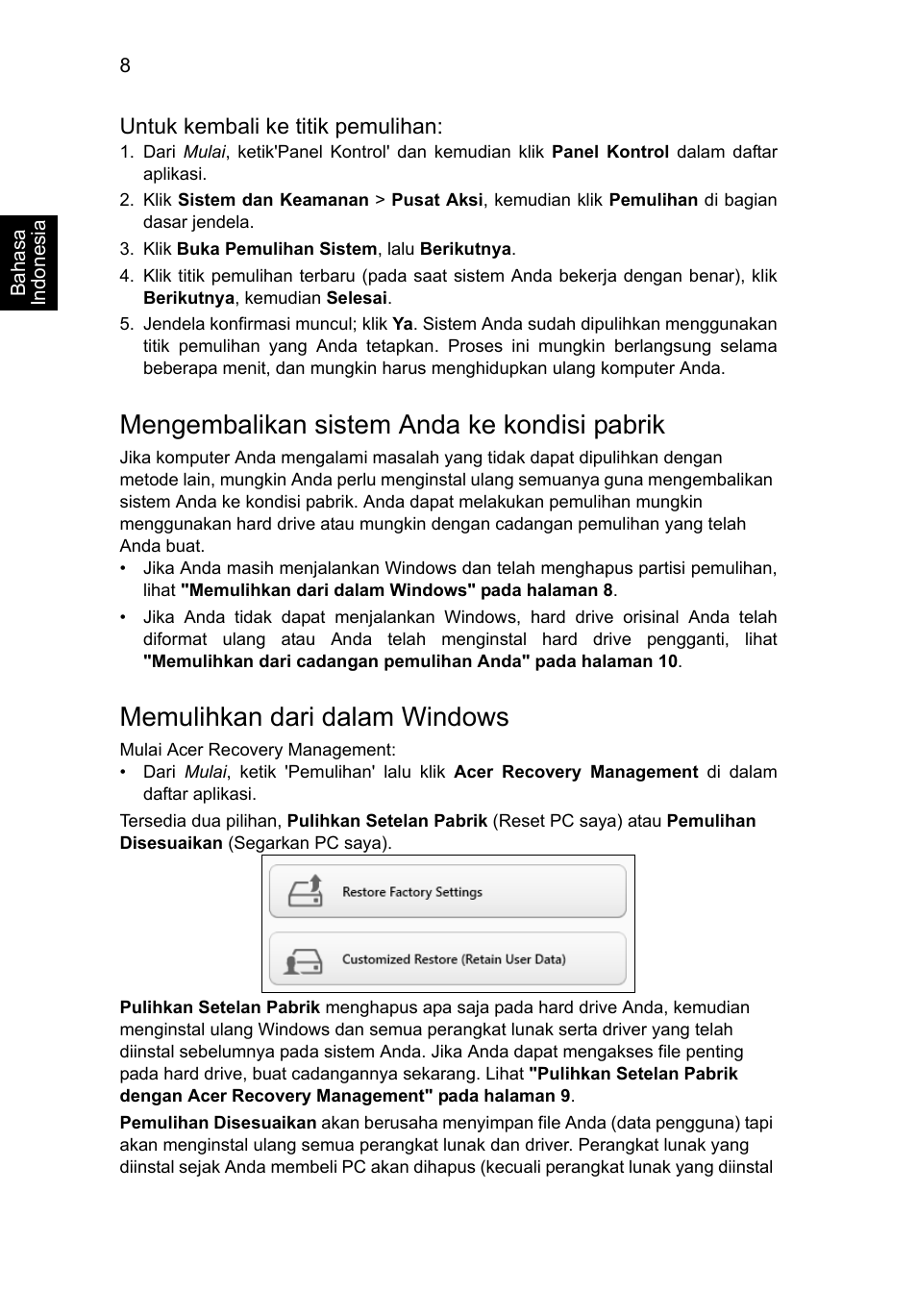 Mengembalikan sistem anda ke kondisi pabrik, Memulihkan dari dalam windows | Acer Aspire V5-131 User Manual | Page 2110 / 2228