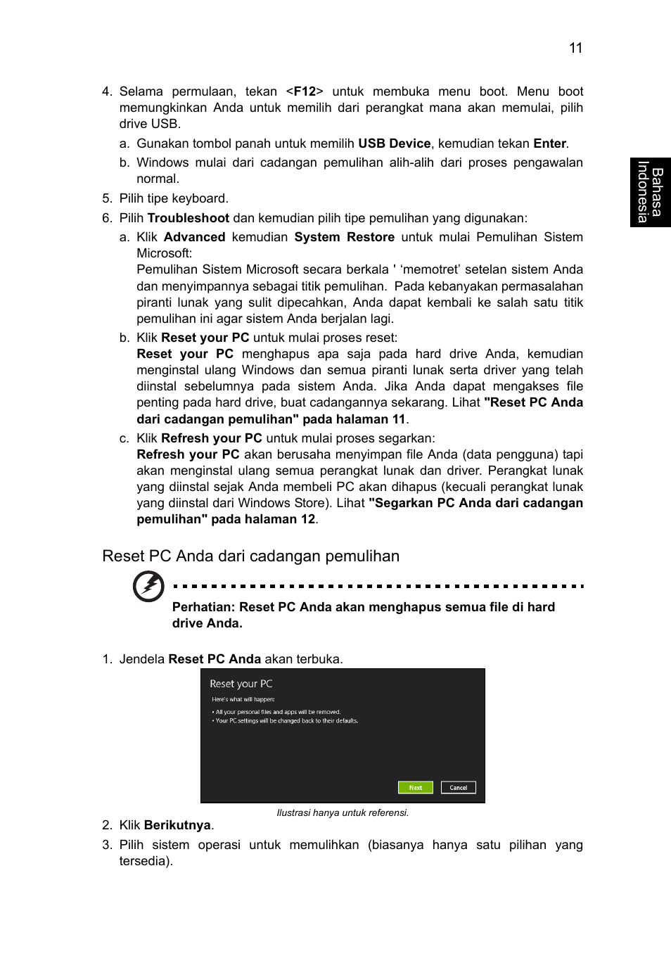 Reset pc anda dari cadangan pemulihan | Acer Aspire V5-131 User Manual | Page 2113 / 2228