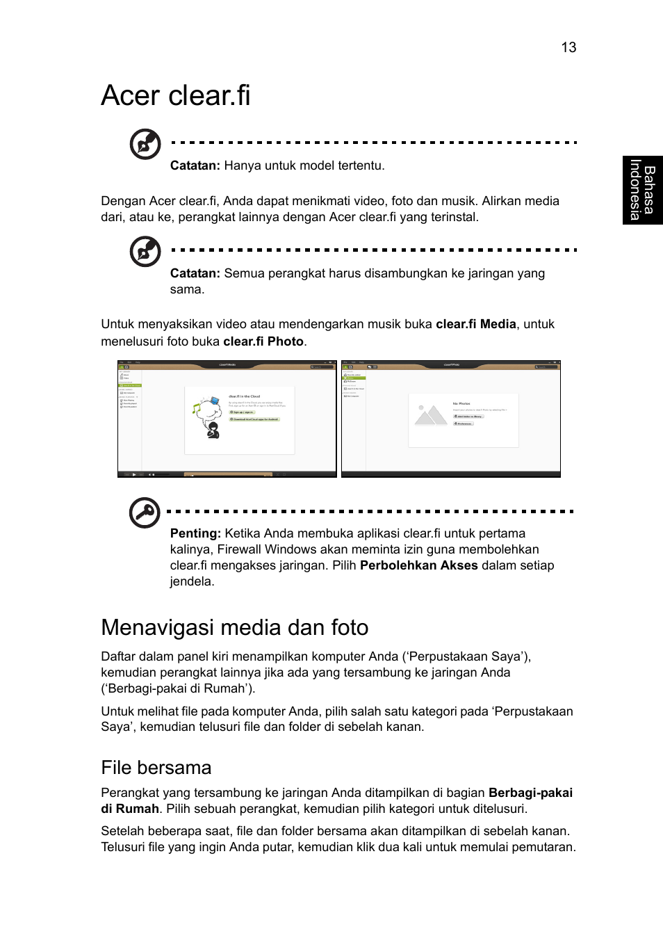 Acer clear.fi, Menavigasi media dan foto, File bersama | Acer Aspire V5-131 User Manual | Page 2115 / 2228