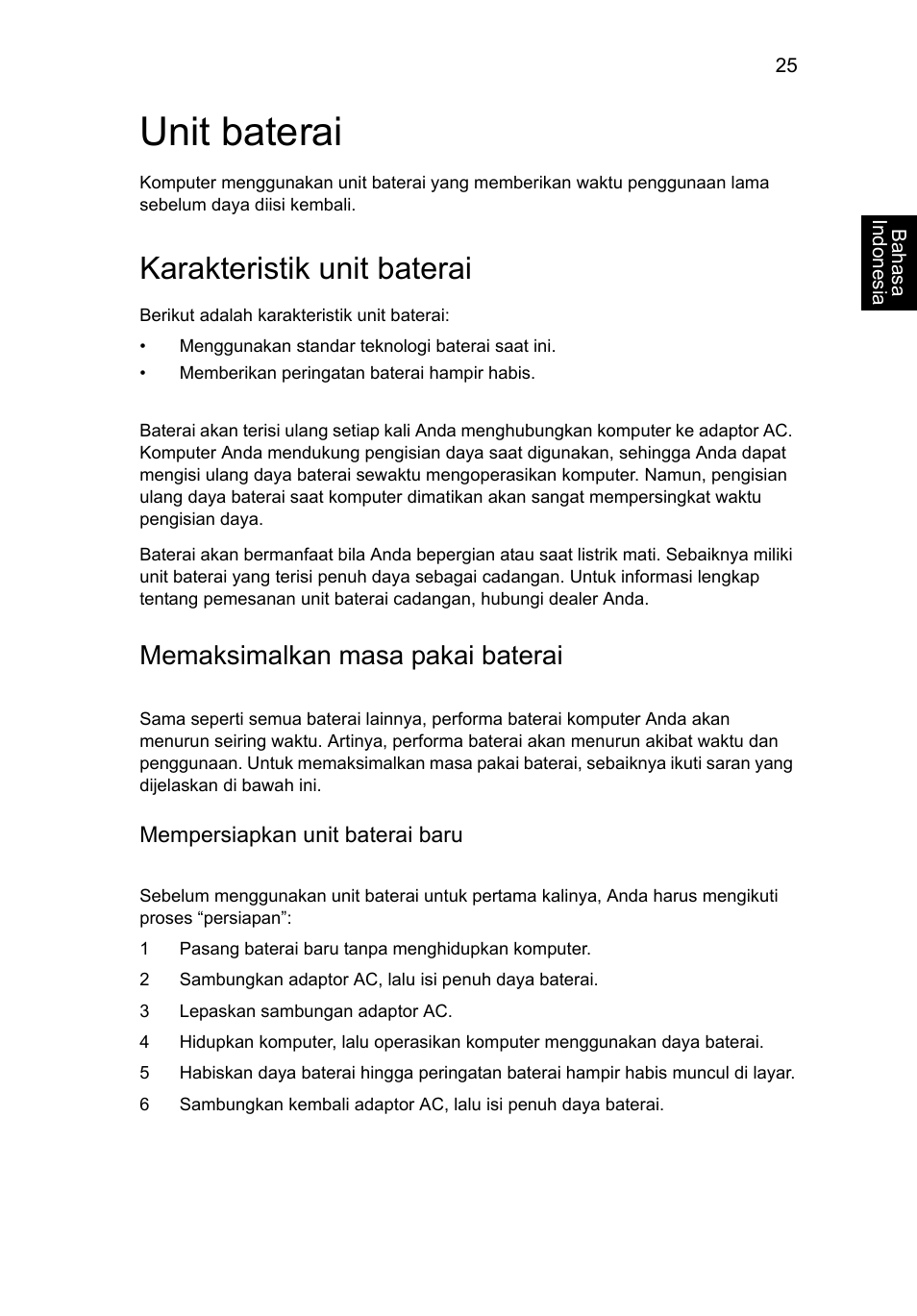 Unit baterai, Karakteristik unit baterai, Memaksimalkan masa pakai baterai | Acer Aspire V5-131 User Manual | Page 2127 / 2228