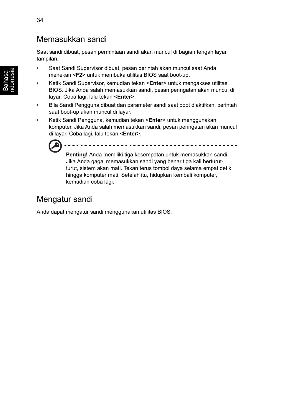 Memasukkan sandi, Mengatur sandi | Acer Aspire V5-131 User Manual | Page 2136 / 2228