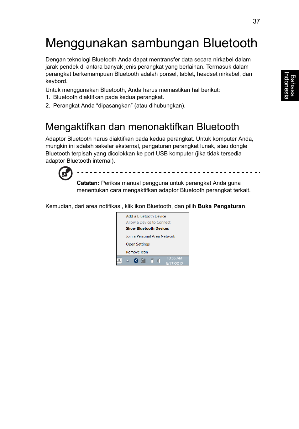 Menggunakan sambungan bluetooth, Mengaktifkan dan menonaktifkan bluetooth | Acer Aspire V5-131 User Manual | Page 2139 / 2228