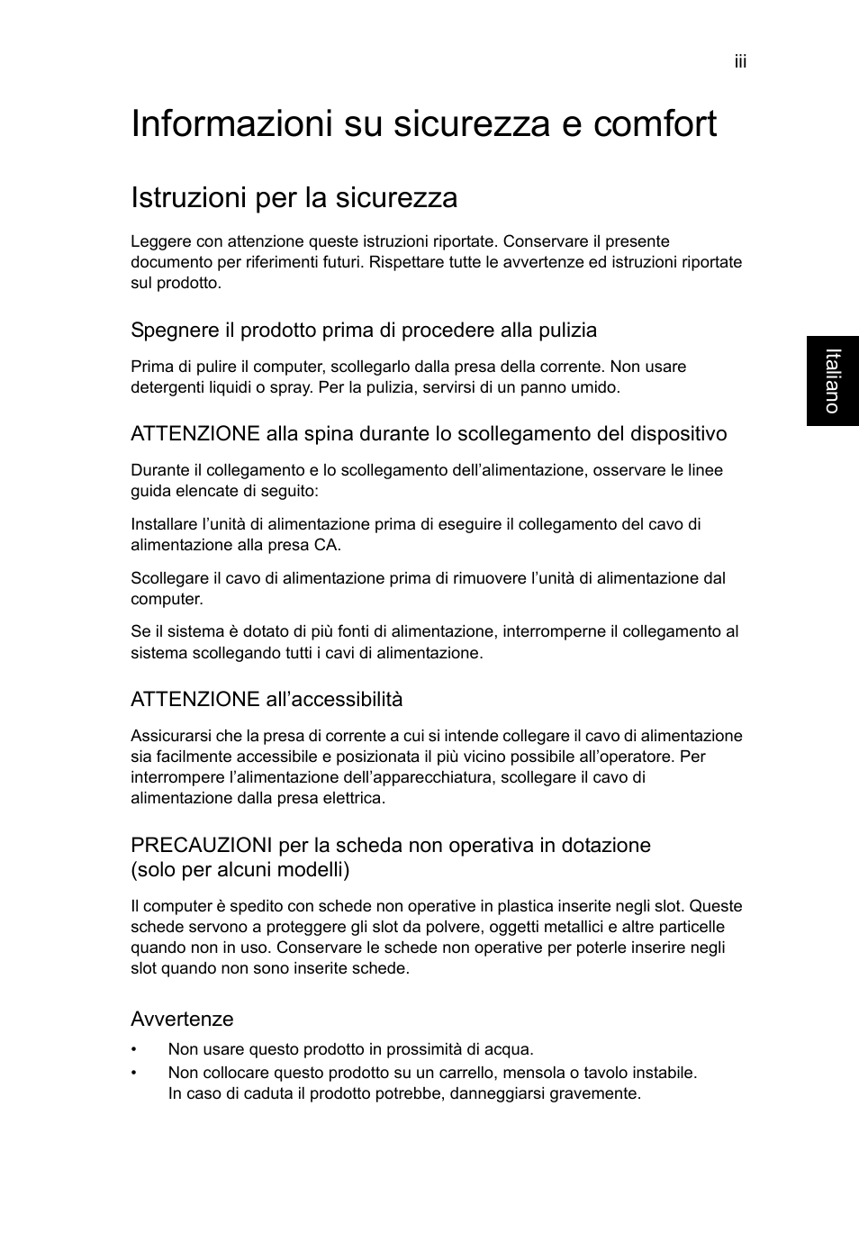 Informazioni su sicurezza e comfort, Istruzioni per la sicurezza | Acer Aspire V5-131 User Manual | Page 231 / 2228