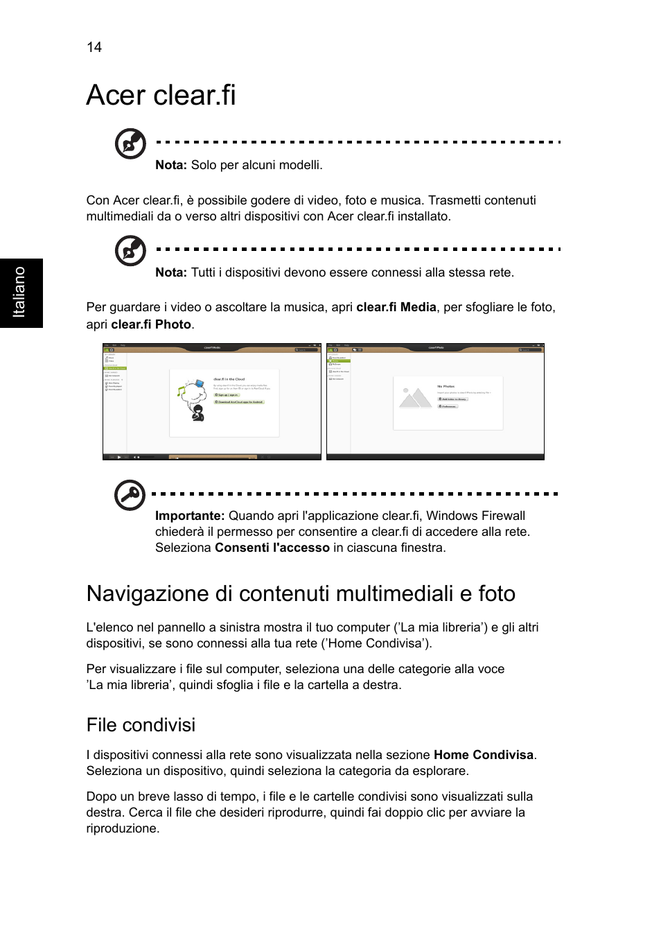 Acer clear.fi, Navigazione di contenuti multimediali e foto, File condivisi | Acer Aspire V5-131 User Manual | Page 262 / 2228