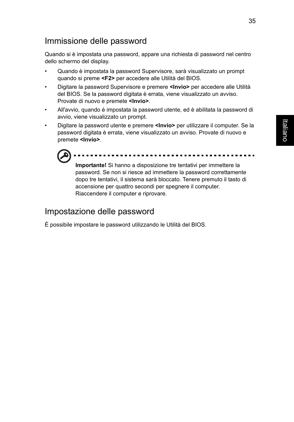 Immissione delle password, Impostazione delle password | Acer Aspire V5-131 User Manual | Page 283 / 2228