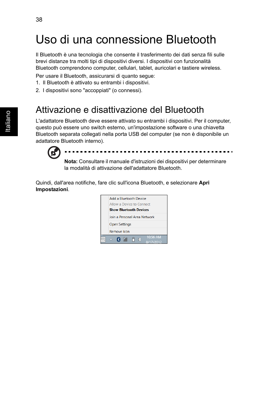 Uso di una connessione bluetooth, Attivazione e disattivazione del bluetooth | Acer Aspire V5-131 User Manual | Page 286 / 2228