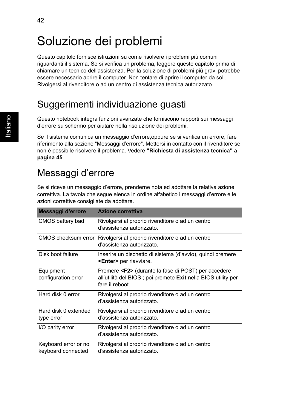 Soluzione dei problemi, Suggerimenti individuazione guasti, Messaggi d’errore | Acer Aspire V5-131 User Manual | Page 290 / 2228