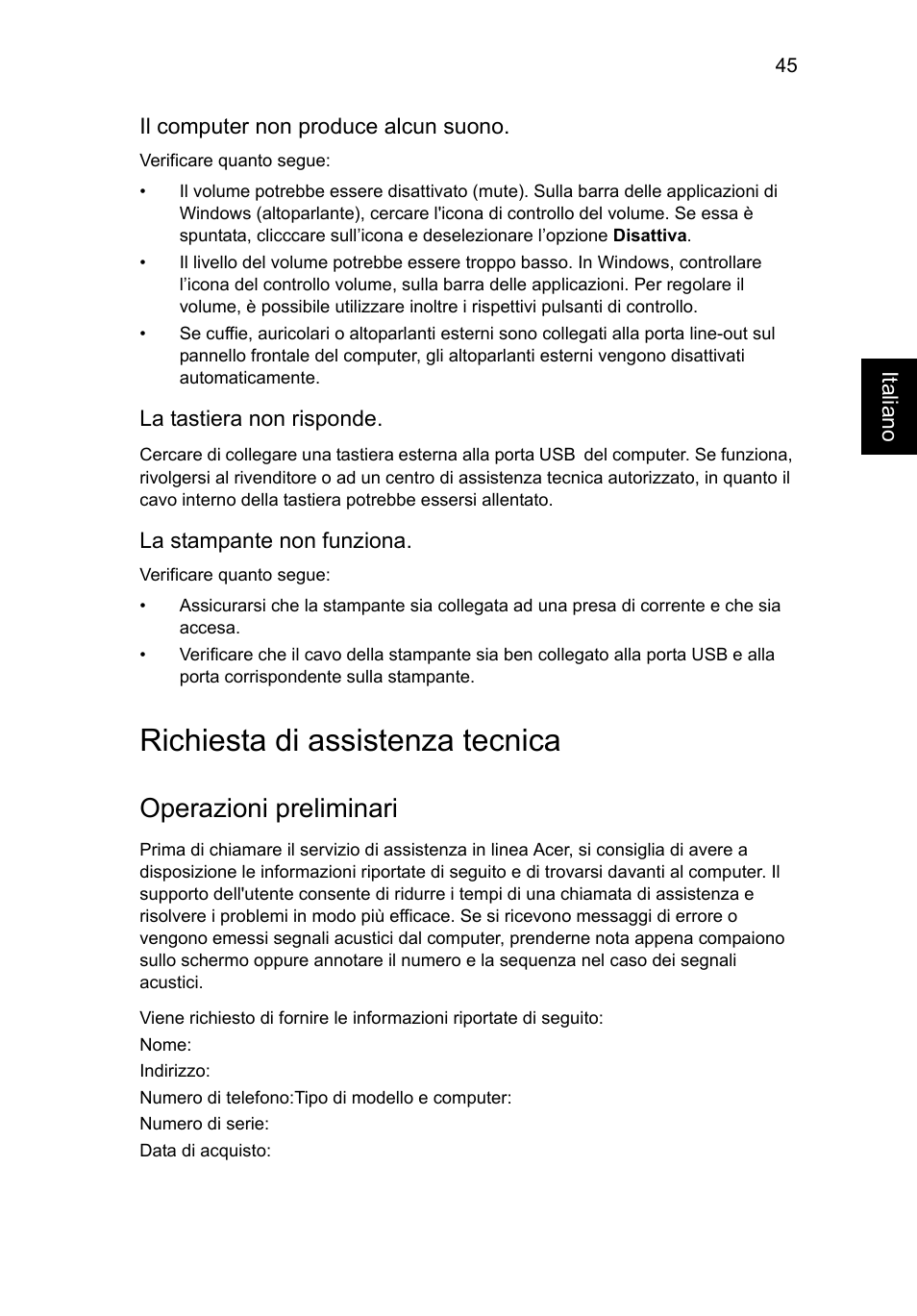 Richiesta di assistenza tecnica, Operazioni preliminari | Acer Aspire V5-131 User Manual | Page 293 / 2228