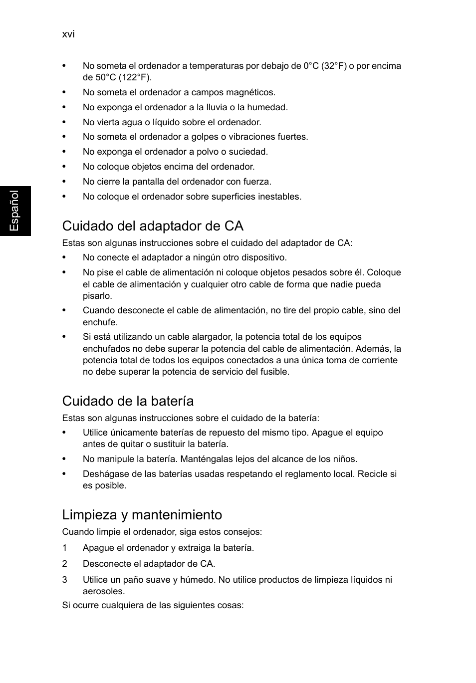 Cuidado del adaptador de ca, Cuidado de la batería, Limpieza y mantenimiento | Acer Aspire V5-131 User Manual | Page 318 / 2228