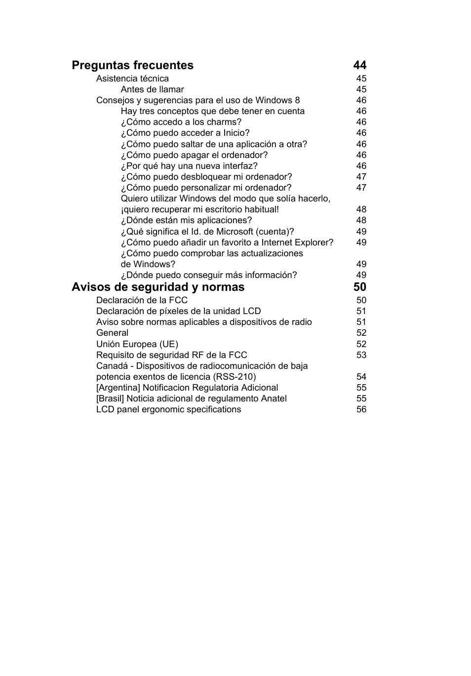 Preguntas frecuentes 44, Avisos de seguridad y normas 50 | Acer Aspire V5-131 User Manual | Page 323 / 2228