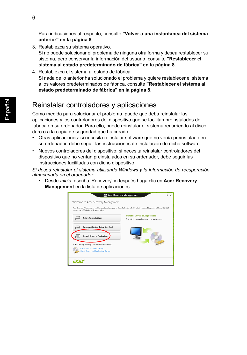 Reinstalar controladores y aplicaciones | Acer Aspire V5-131 User Manual | Page 330 / 2228