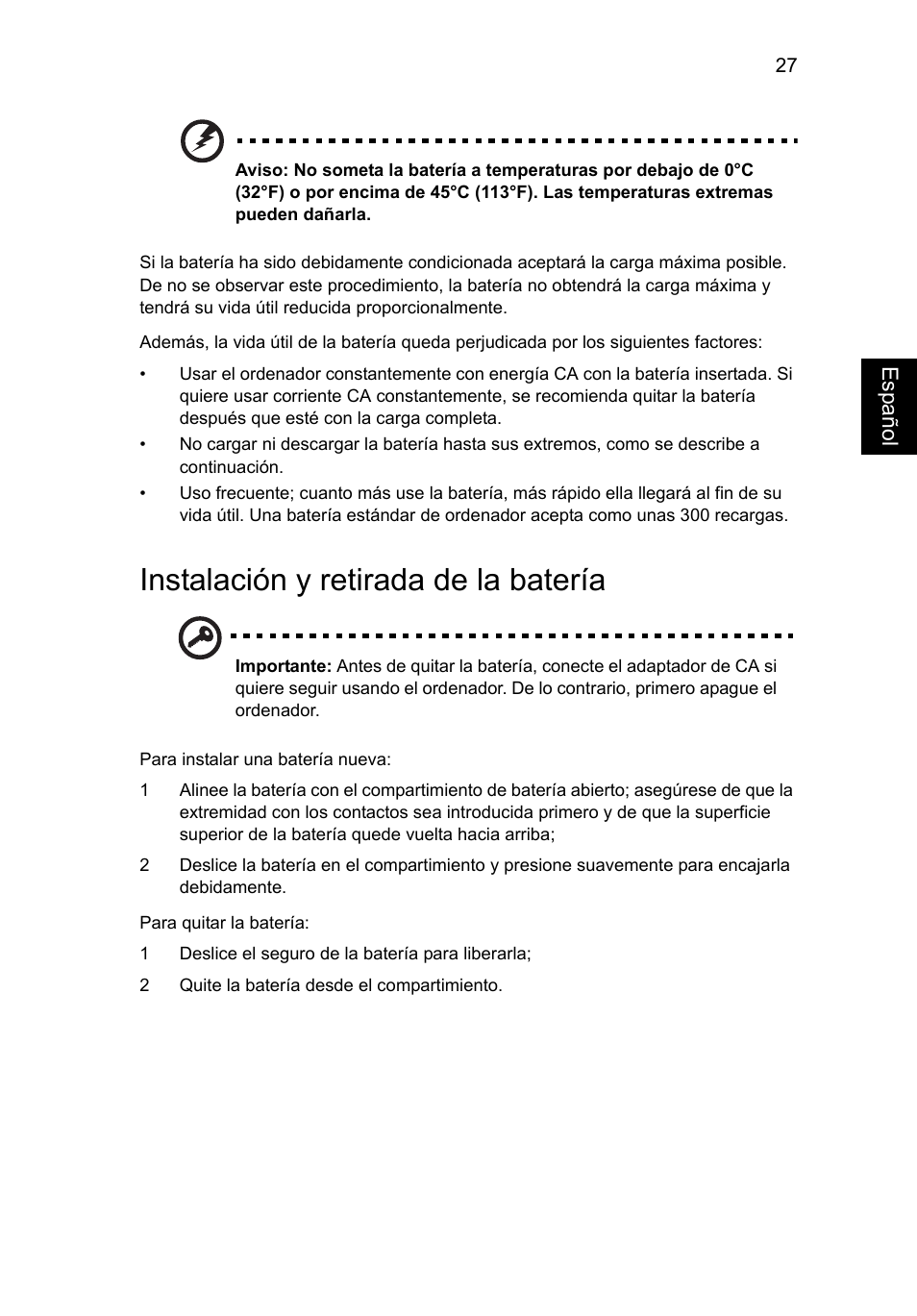 Instalación y retirada de la batería | Acer Aspire V5-131 User Manual | Page 351 / 2228