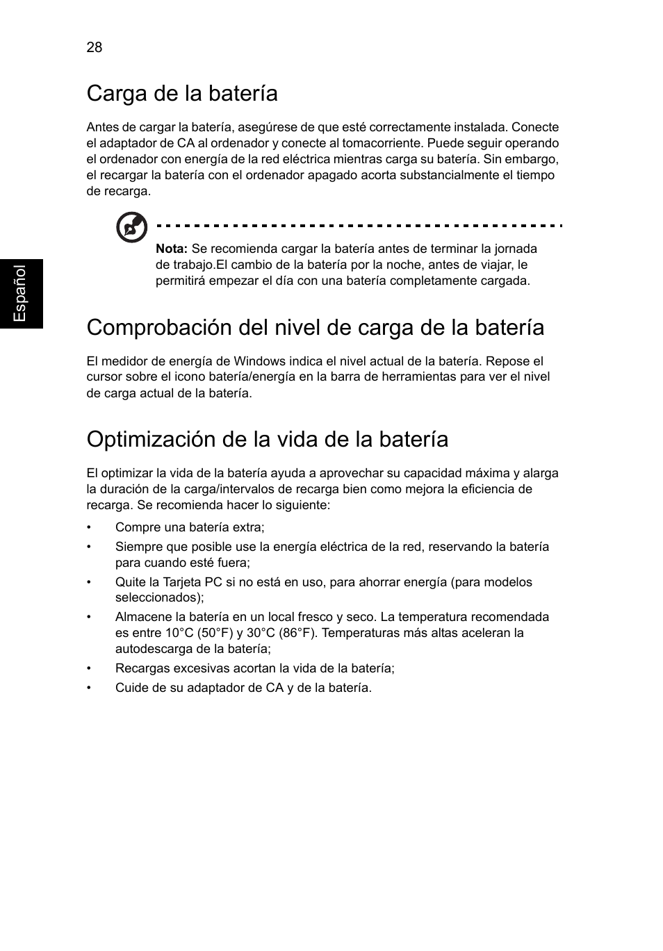 Carga de la batería, Comprobación del nivel de carga de la batería, Optimización de la vida de la batería | Acer Aspire V5-131 User Manual | Page 352 / 2228