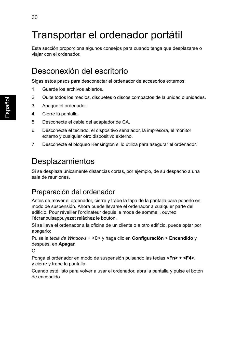 Transportar el ordenador portátil, Desconexión del escritorio, Desplazamientos | Preparación del ordenador | Acer Aspire V5-131 User Manual | Page 354 / 2228