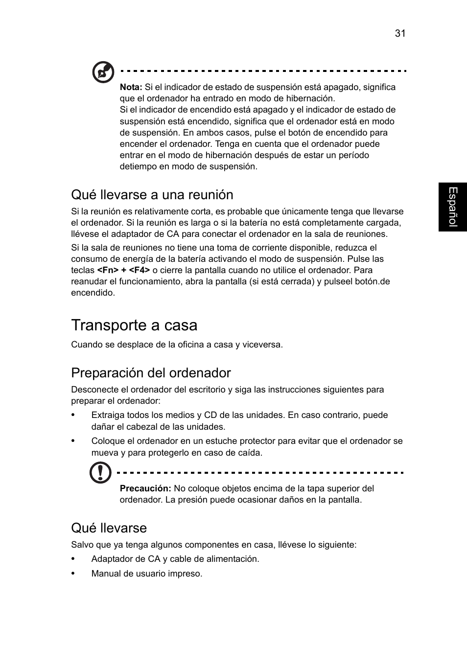 Transporte a casa, Qué llevarse a una reunión, Preparación del ordenador | Qué llevarse | Acer Aspire V5-131 User Manual | Page 355 / 2228