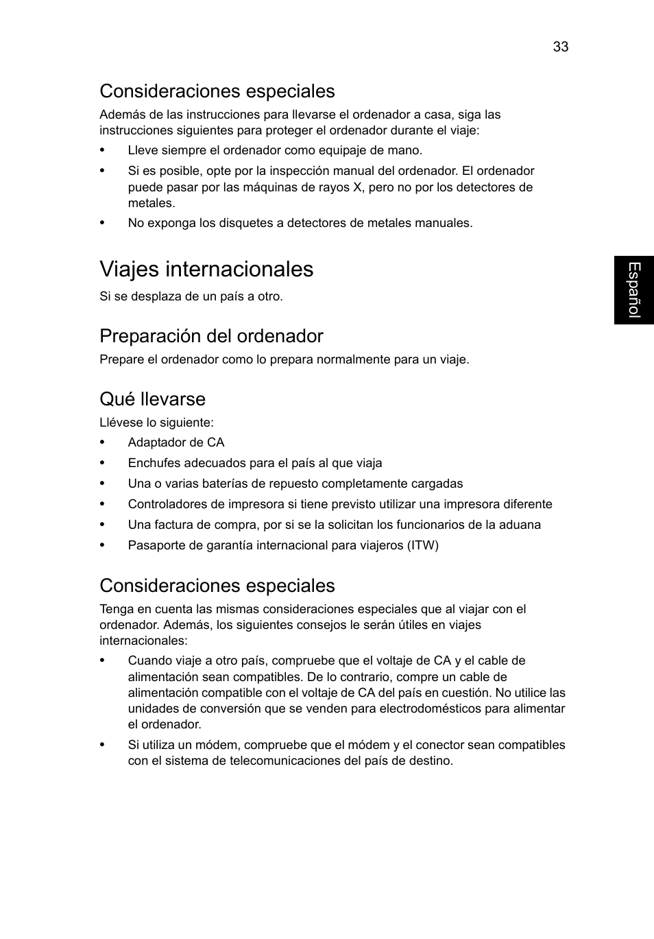 Viajes internacionales, Consideraciones especiales, Preparación del ordenador | Qué llevarse | Acer Aspire V5-131 User Manual | Page 357 / 2228