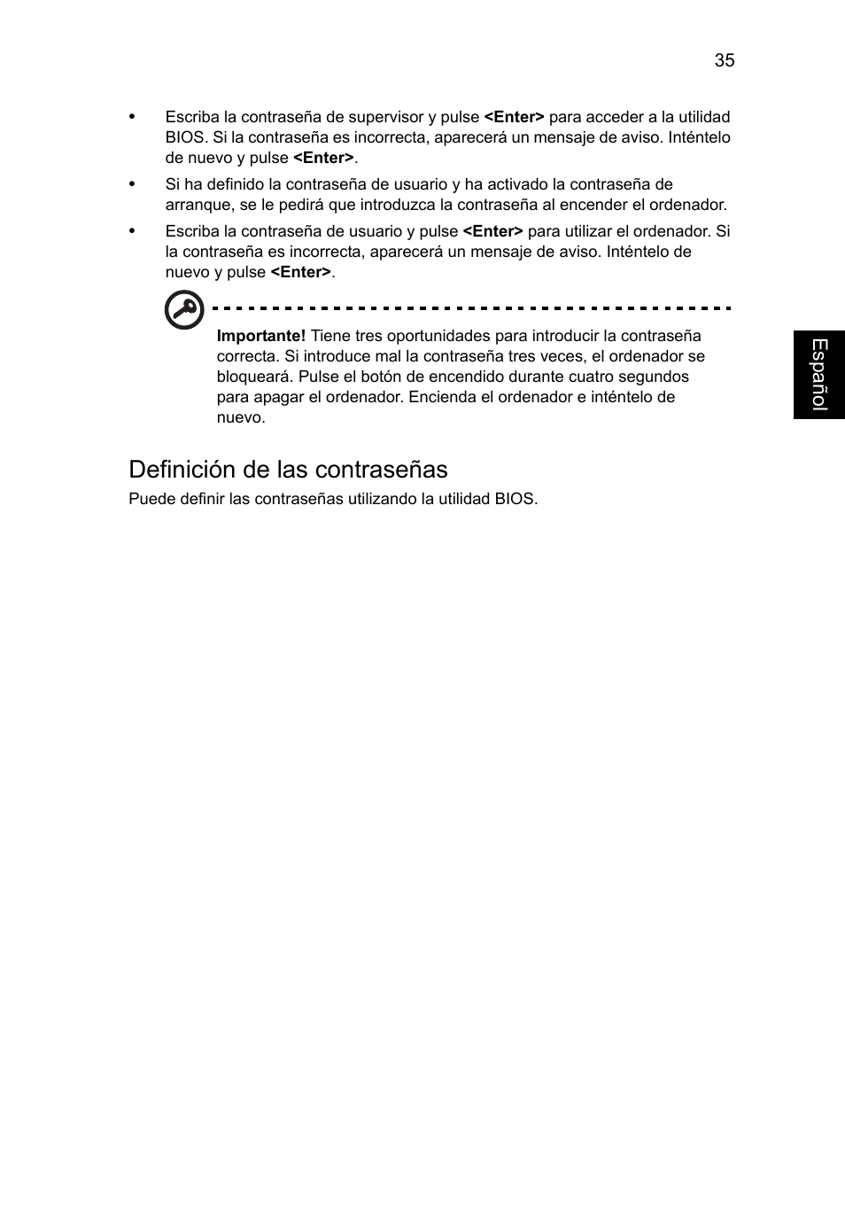 Definición de las contraseñas | Acer Aspire V5-131 User Manual | Page 359 / 2228