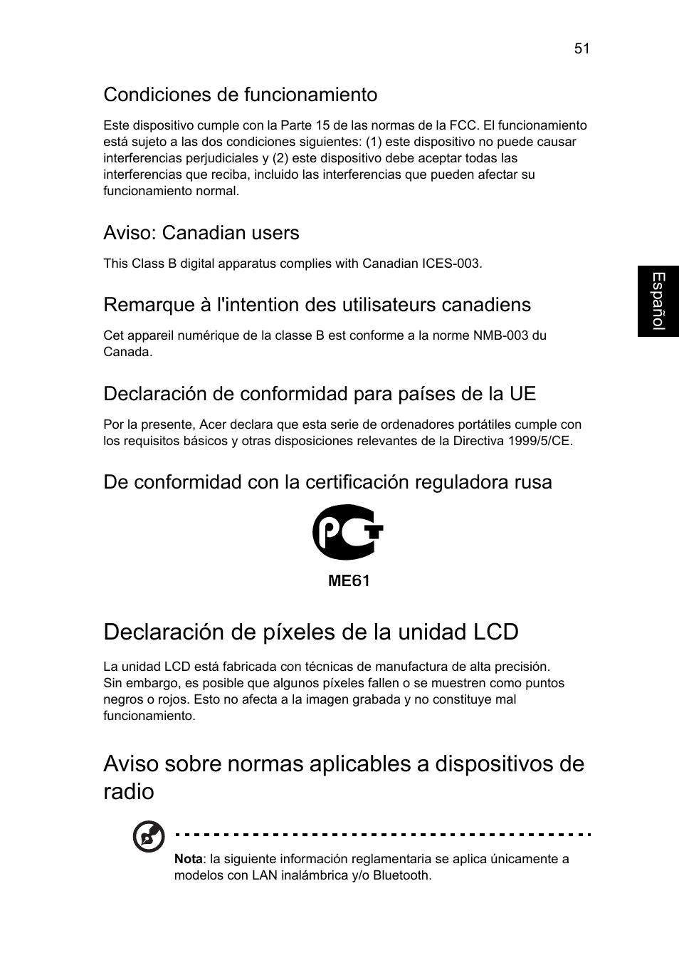 Declaración de píxeles de la unidad lcd, Condiciones de funcionamiento, Aviso: canadian users | Remarque à l'intention des utilisateurs canadiens, Declaración de conformidad para países de la ue | Acer Aspire V5-131 User Manual | Page 375 / 2228