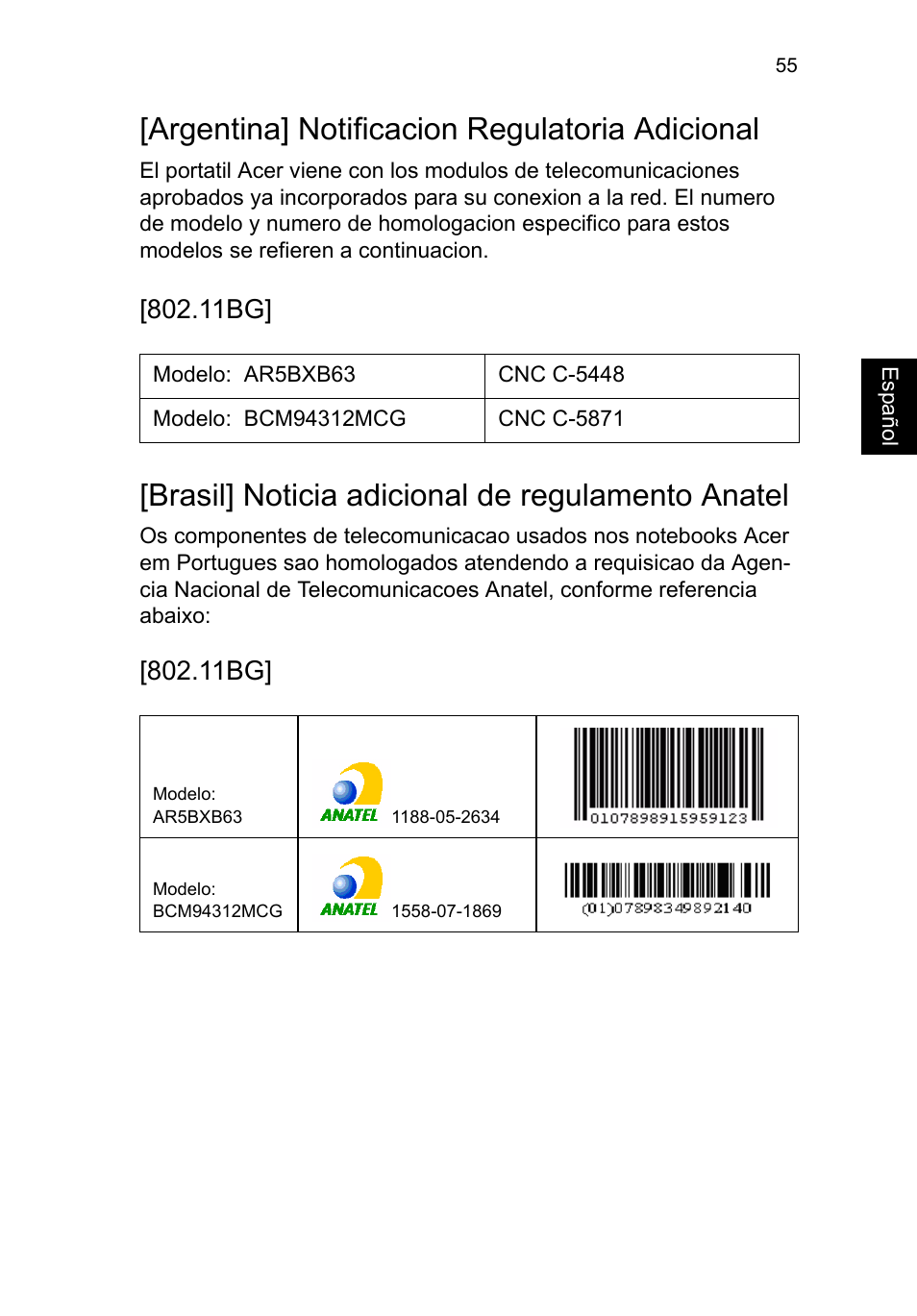 Argentina] notificacion regulatoria adicional, Brasil] noticia adicional de regulamento anatel, 11bg | Acer Aspire V5-131 User Manual | Page 379 / 2228