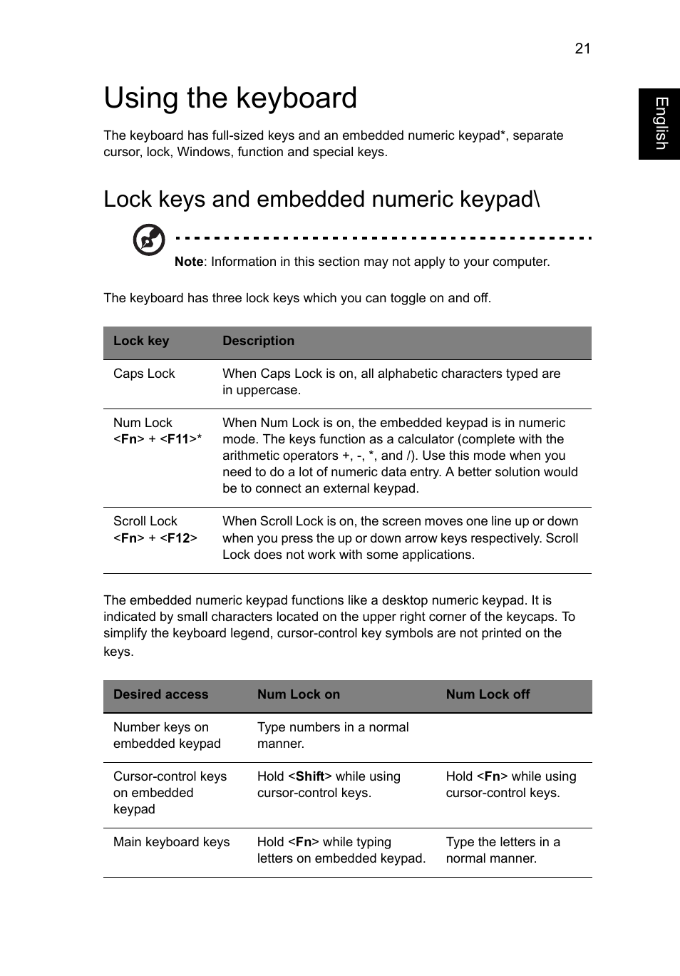 Using the keyboard, Lock keys and embedded numeric keypad | Acer Aspire V5-131 User Manual | Page 40 / 2228