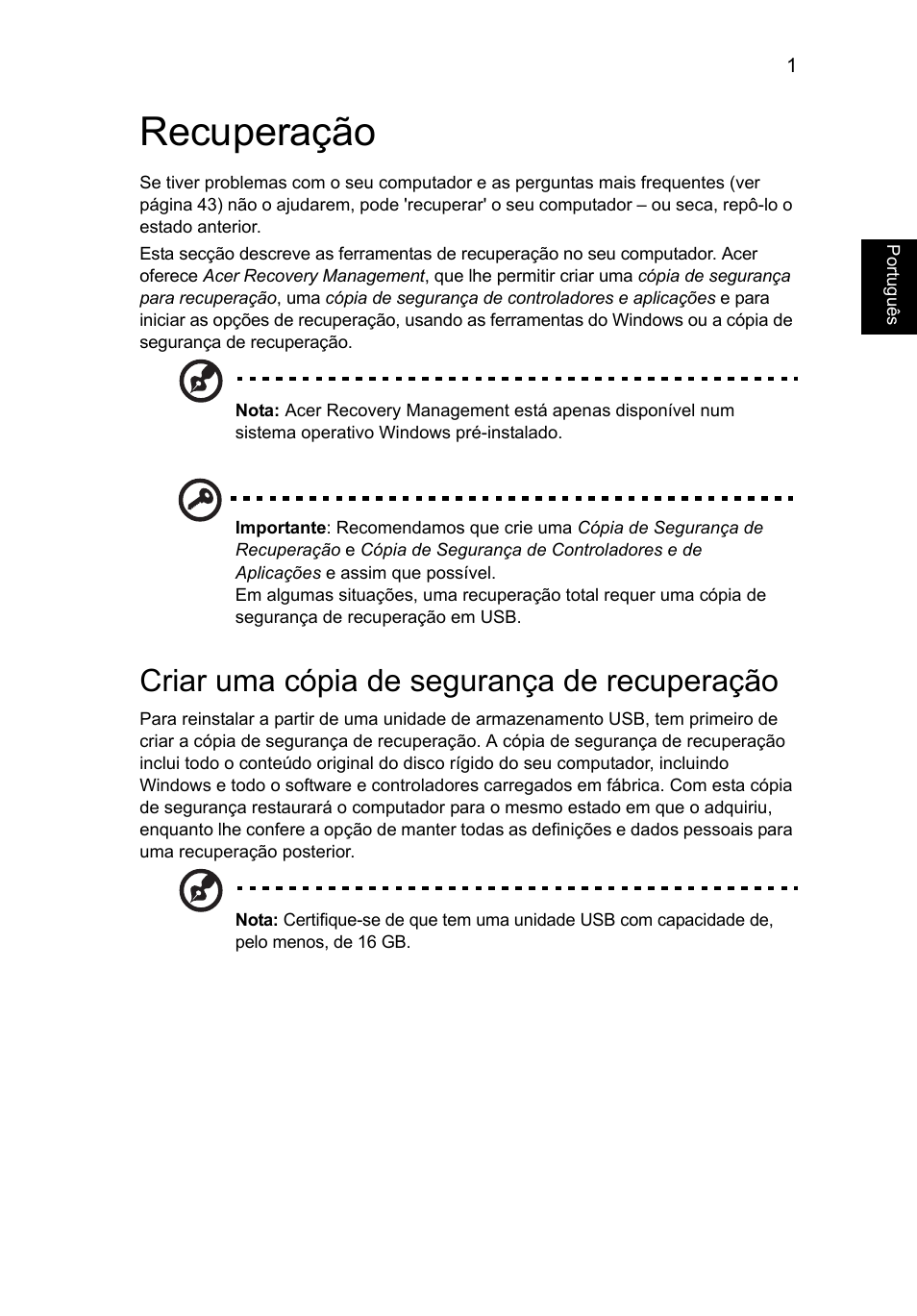 Recuperação, Criar uma cópia de segurança de recuperação | Acer Aspire V5-131 User Manual | Page 403 / 2228