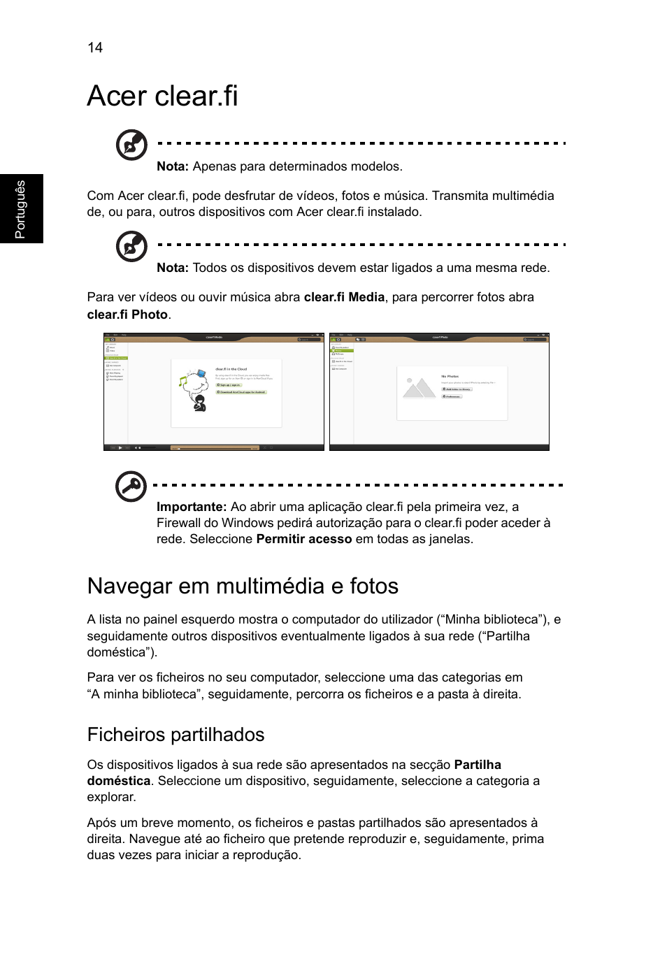 Acer clear.fi, Navegar em multimédia e fotos, Ficheiros partilhados | Acer Aspire V5-131 User Manual | Page 416 / 2228