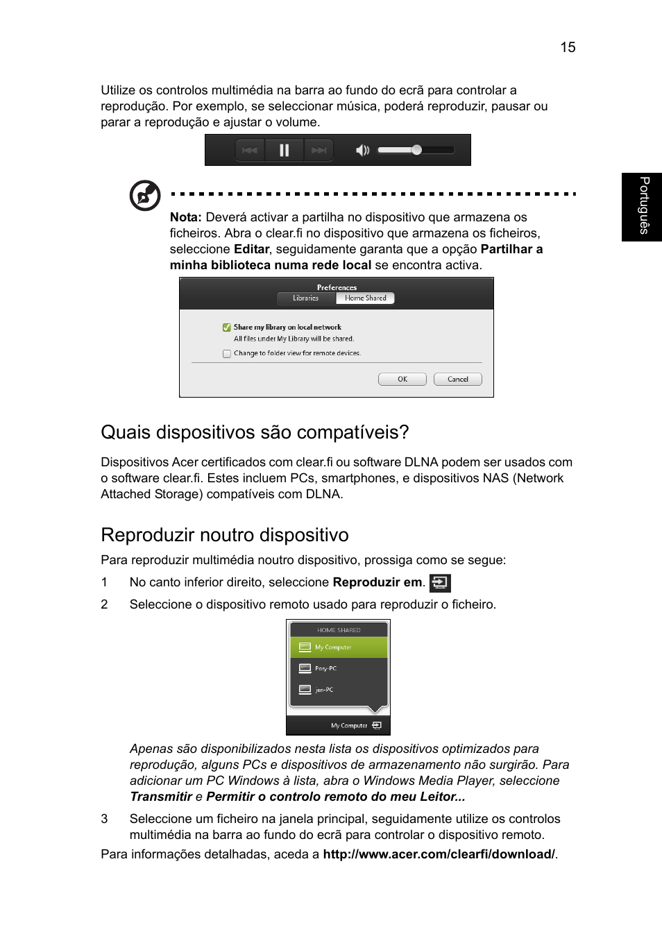 Quais dispositivos são compatíveis, Reproduzir noutro dispositivo | Acer Aspire V5-131 User Manual | Page 417 / 2228