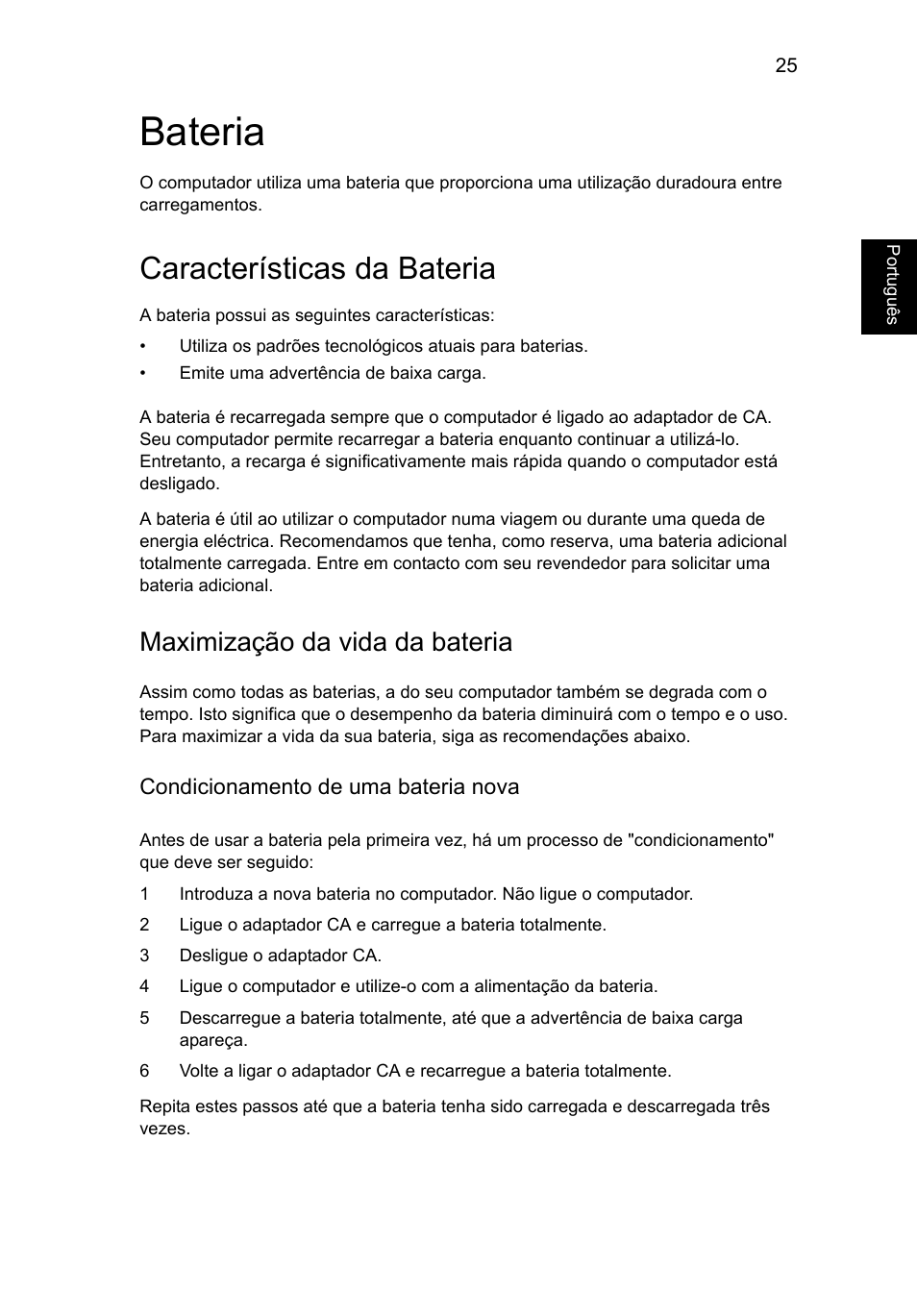 Bateria, Características da bateria, Maximização da vida da bateria | Acer Aspire V5-131 User Manual | Page 427 / 2228