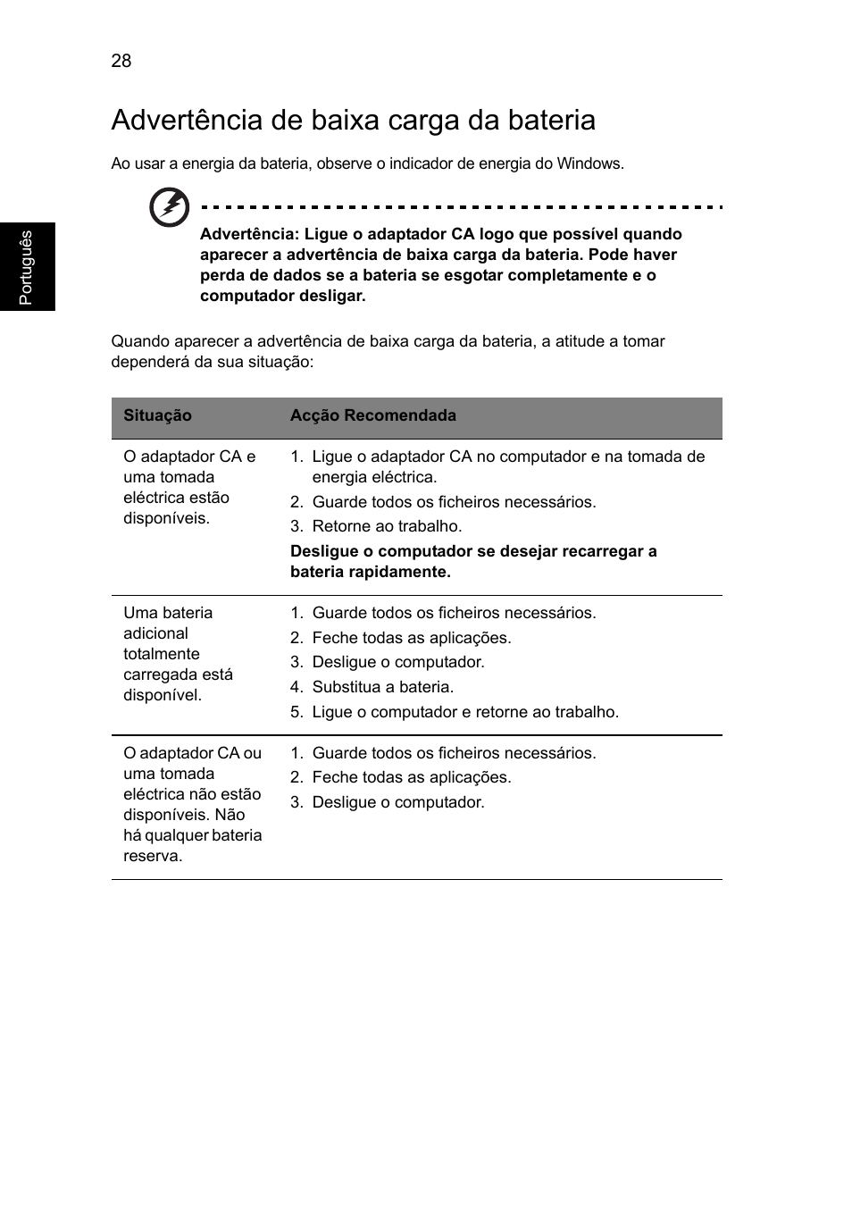 Advertência de baixa carga da bateria | Acer Aspire V5-131 User Manual | Page 430 / 2228