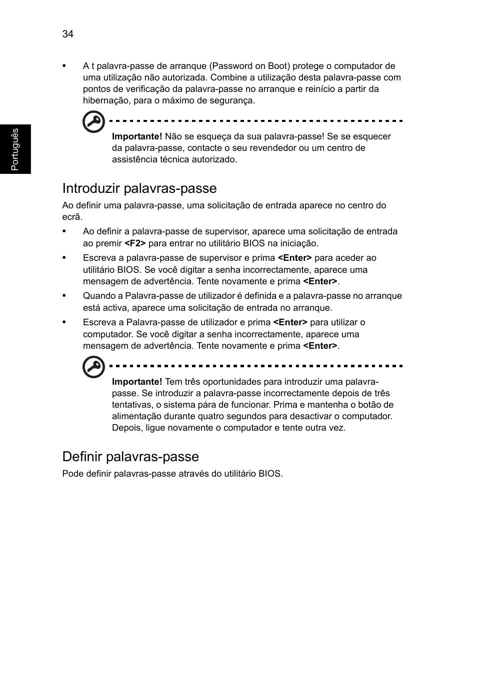 Introduzir palavras-passe, Definir palavras-passe | Acer Aspire V5-131 User Manual | Page 436 / 2228