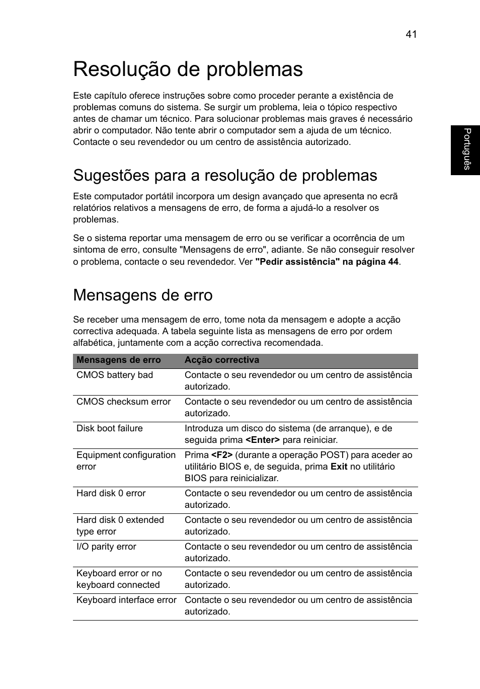 Resolução de problemas, Sugestões para a resolução de problemas, Mensagens de erro | Acer Aspire V5-131 User Manual | Page 443 / 2228