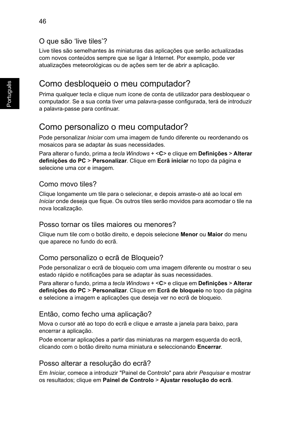 Como desbloqueio o meu computador, Como personalizo o meu computador | Acer Aspire V5-131 User Manual | Page 448 / 2228