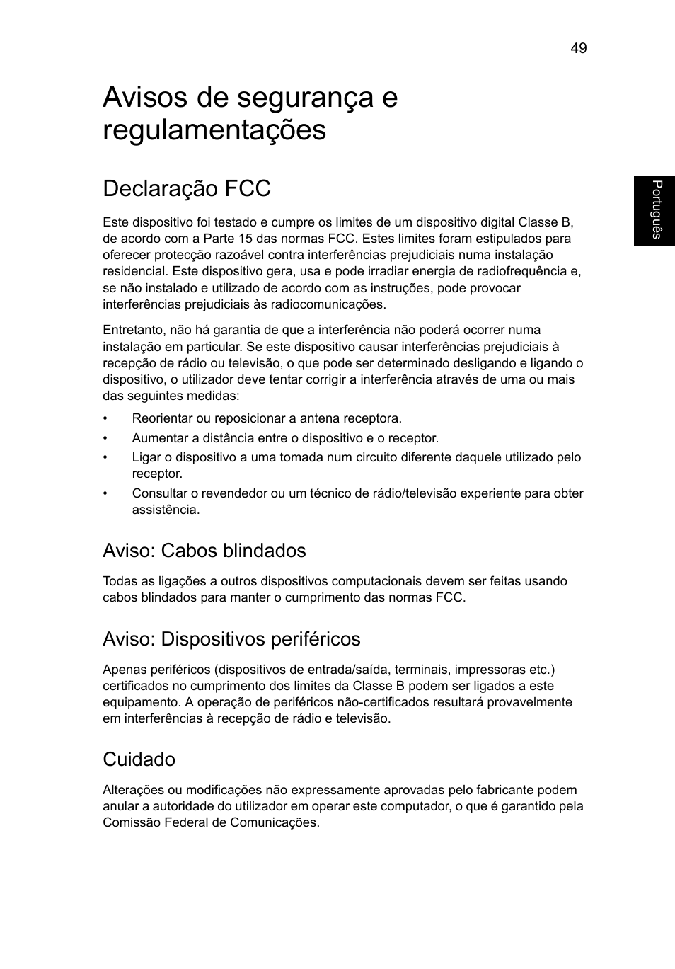 Avisos de segurança e regulamentações, Declaração fcc, Aviso: cabos blindados | Aviso: dispositivos periféricos, Cuidado | Acer Aspire V5-131 User Manual | Page 451 / 2228