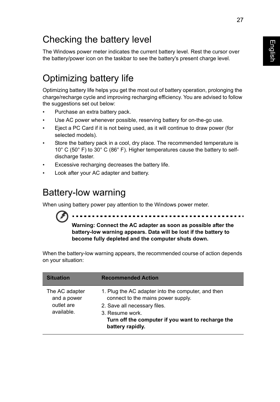 Checking the battery level, Optimizing battery life, Battery-low warning | Acer Aspire V5-131 User Manual | Page 46 / 2228