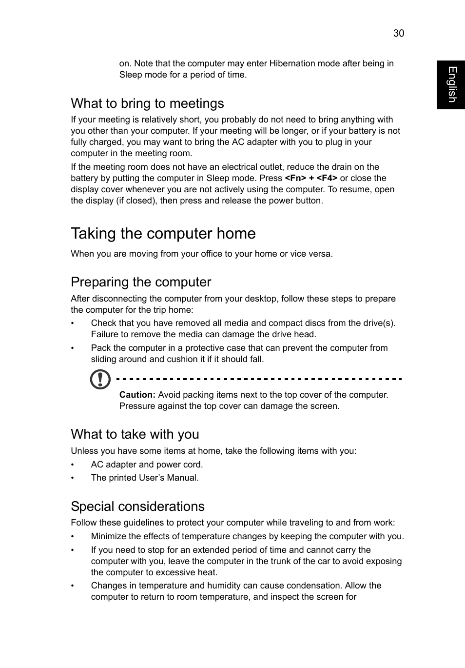 Taking the computer home, What to bring to meetings, Preparing the computer | What to take with you, Special considerations | Acer Aspire V5-131 User Manual | Page 49 / 2228