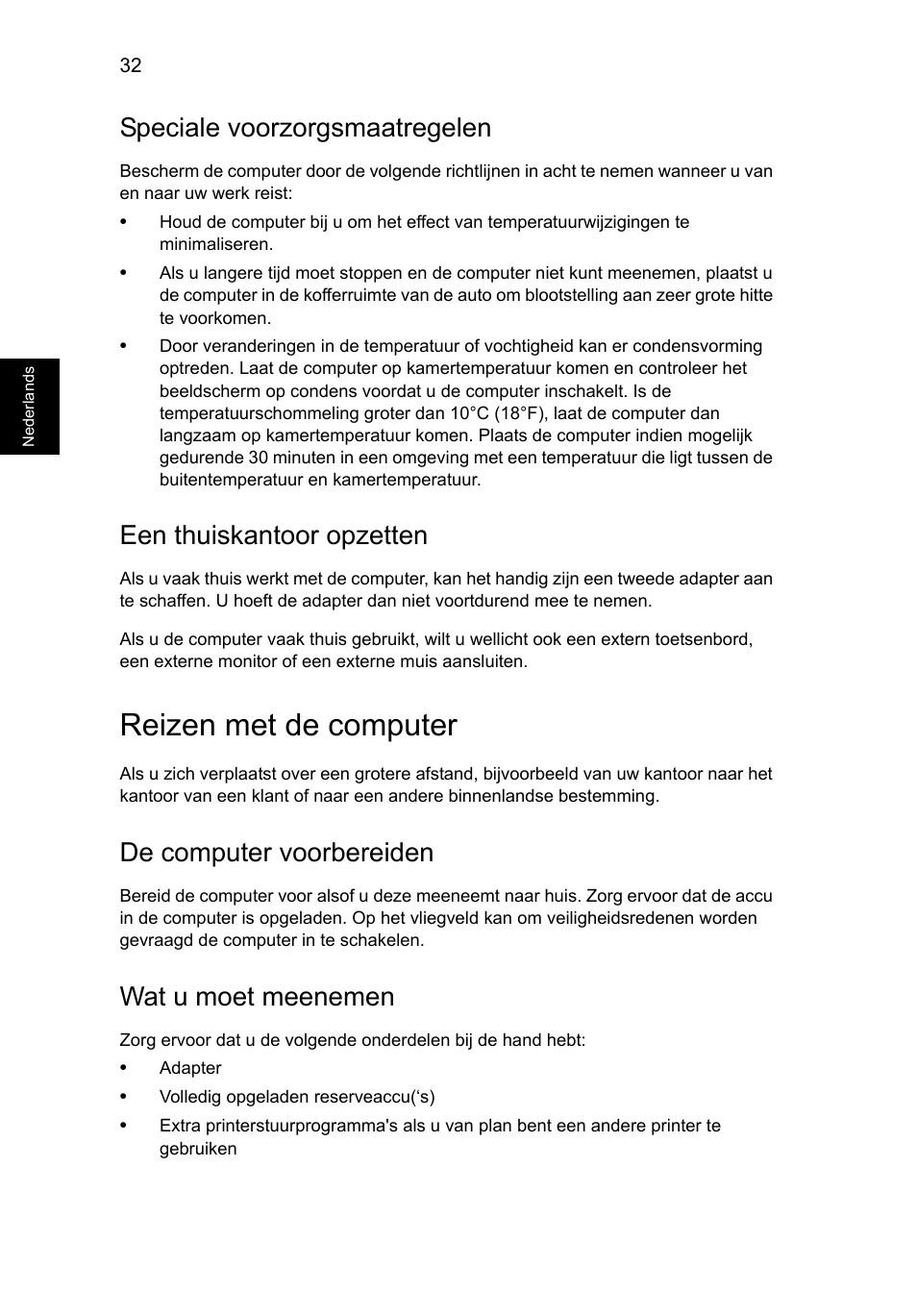 Reizen met de computer, Speciale voorzorgsmaatregelen, Een thuiskantoor opzetten | De computer voorbereiden, Wat u moet meenemen | Acer Aspire V5-131 User Manual | Page 508 / 2228