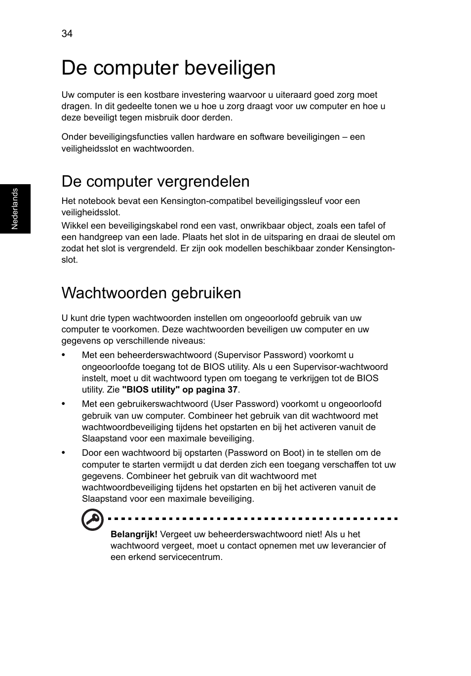 De computer beveiligen, De computer vergrendelen, Wachtwoorden gebruiken | Acer Aspire V5-131 User Manual | Page 510 / 2228