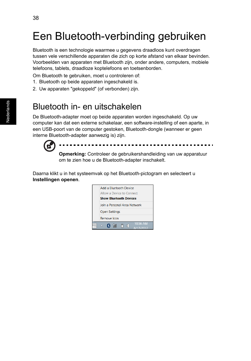 Een bluetooth-verbinding gebruiken, Bluetooth in- en uitschakelen | Acer Aspire V5-131 User Manual | Page 514 / 2228