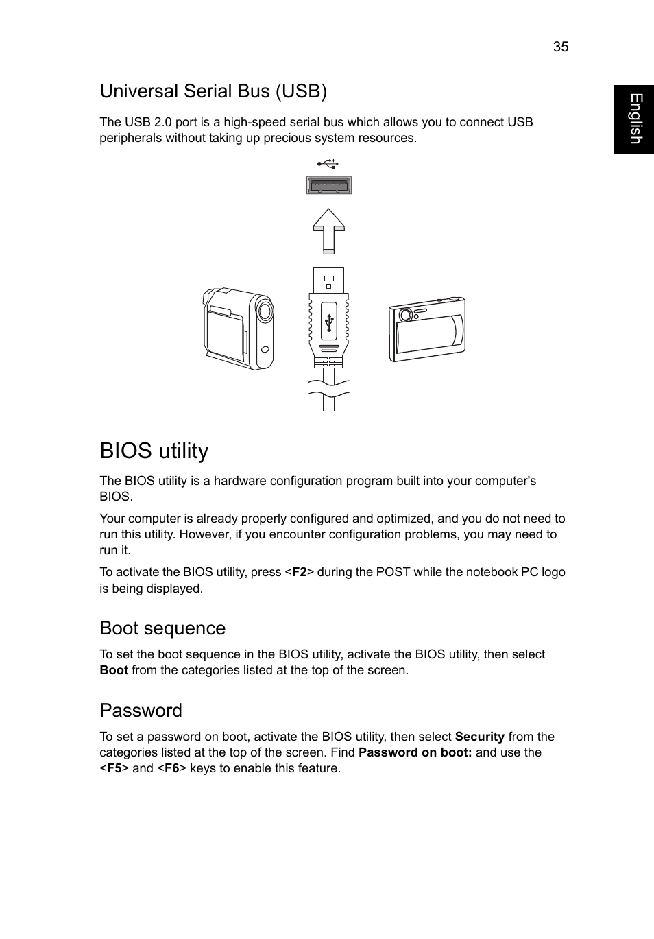 Bios utility, Universal serial bus (usb), Boot sequence | Password | Acer Aspire V5-131 User Manual | Page 54 / 2228