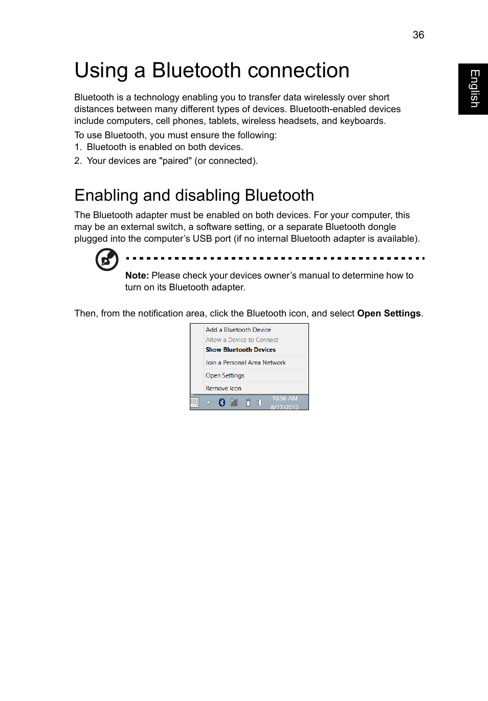 Using a bluetooth connection, Enabling and disabling bluetooth | Acer Aspire V5-131 User Manual | Page 55 / 2228