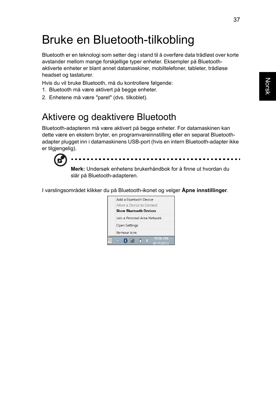 Bruke en bluetooth-tilkobling, Aktivere og deaktivere bluetooth | Acer Aspire V5-131 User Manual | Page 587 / 2228