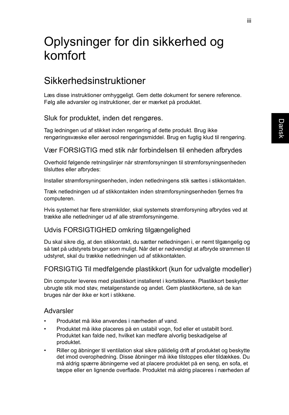 Oplysninger for din sikkerhed og komfort, Sikkerhedsinstruktioner | Acer Aspire V5-131 User Manual | Page 605 / 2228